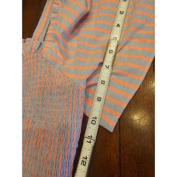 Draper James Pinstripe Fit & Flare Dress Puff Sleeve Ruffle Hem Blue & Pink Knee - Picture 9 of 12